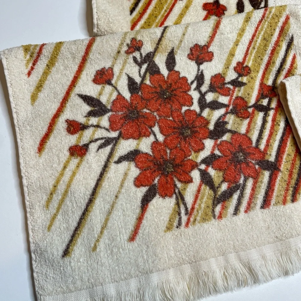 Vintage MCM Cannon Floral Stripe Hand Towels Set of 6 Fringe Cotton USA Made